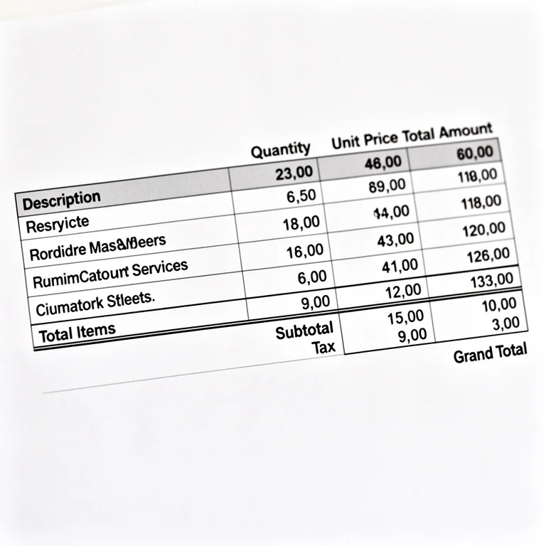 Invoice line items table showing service descriptions, quantities, unit rates, and subtotal calculations