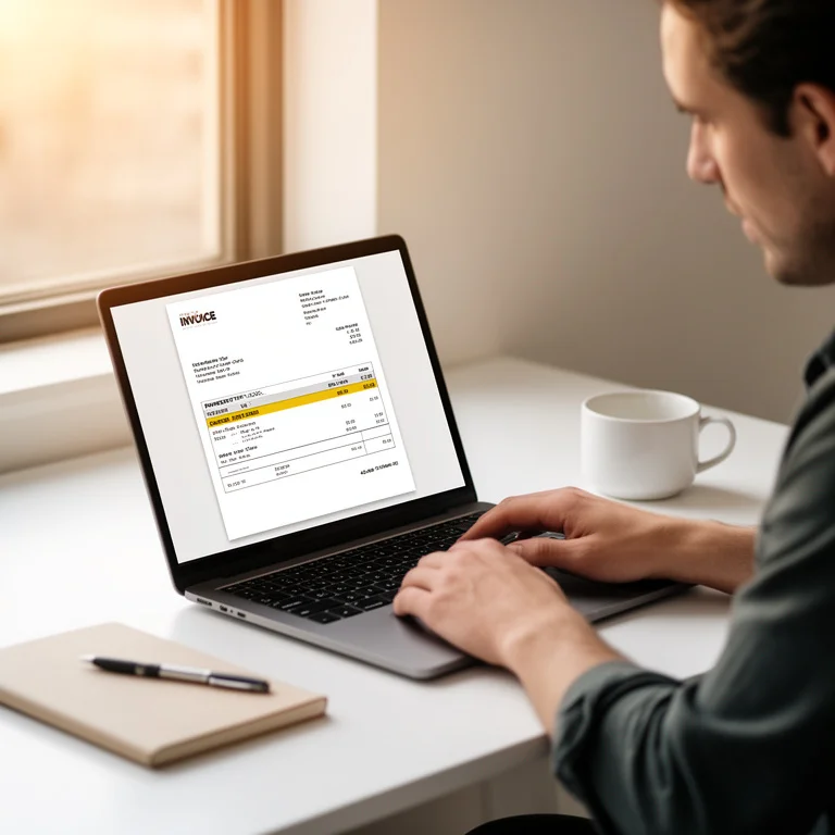 Freelancer sending a professional invoice via laptop showing payment terms and due date on screen