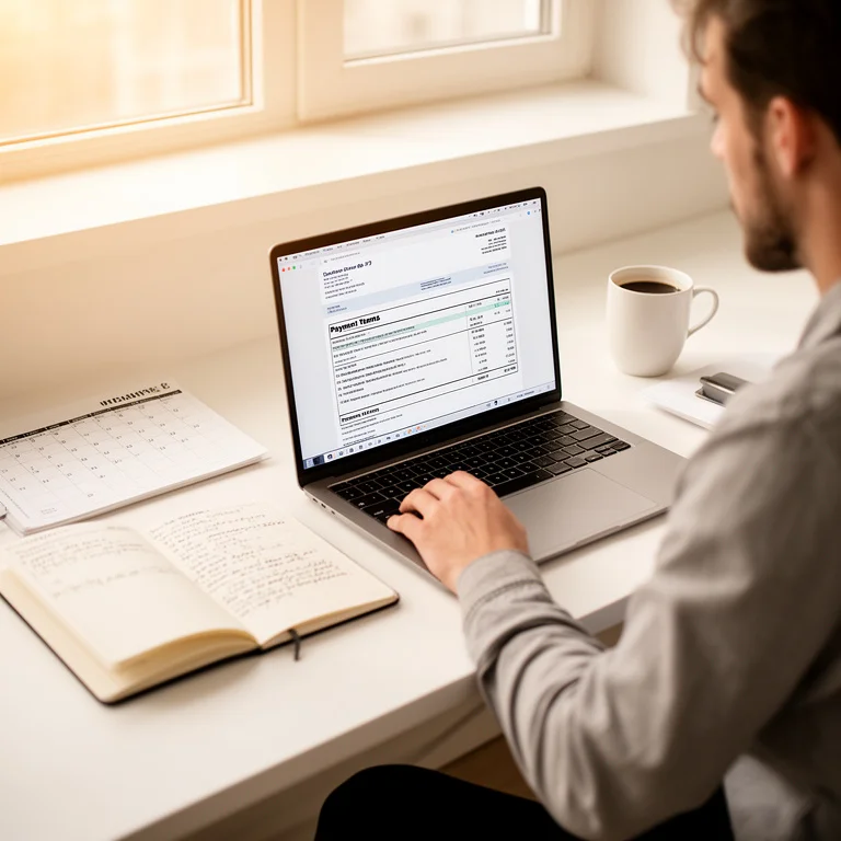 Freelancer at a desk reviewing Net 30 invoice payment terms on a laptop with a calendar and notebook nearby