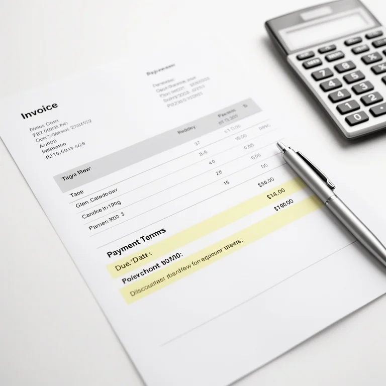 Invoice showing 2/10 Net 30 early payment discount terms with due date and discount amount highlighted