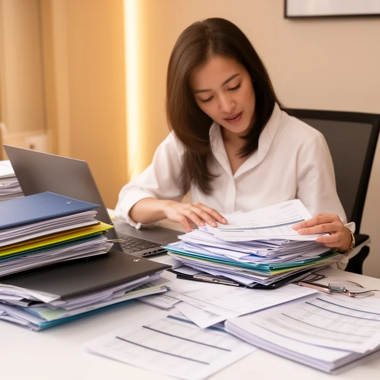 Accountant organizing invoice and receipt records for tax filing and financial bookkeeping