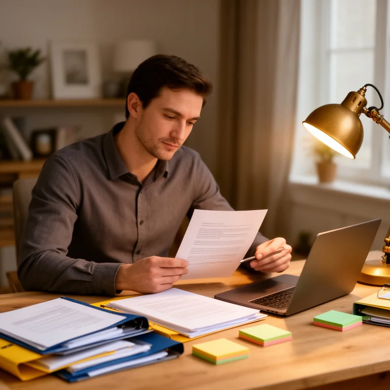 Freelancer reviewing overdue invoice follow-up checklist and payment records at a desk with organized folders