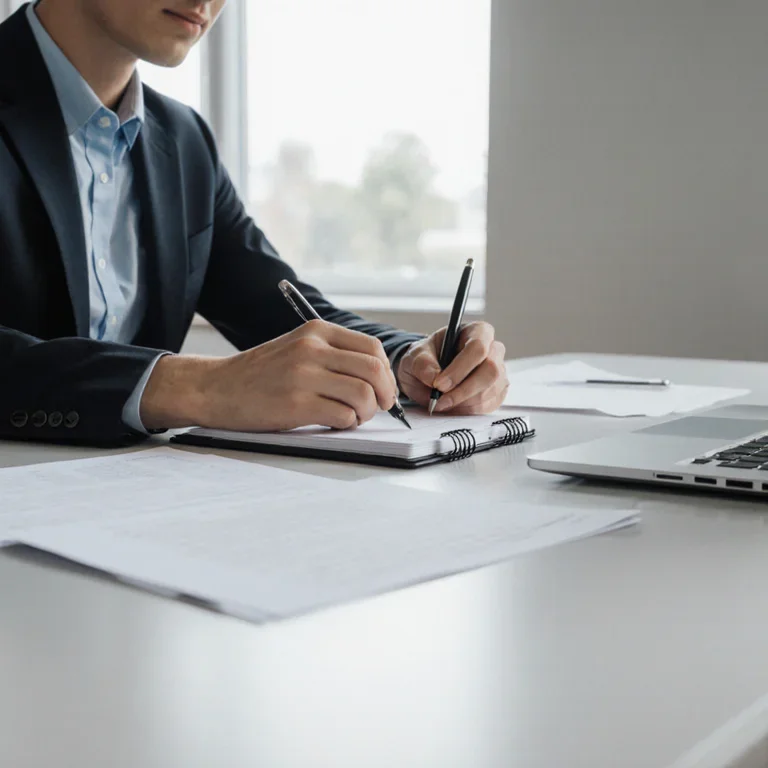 Business professional writing a formal payment reminder letter at a desk with a pen and notepad