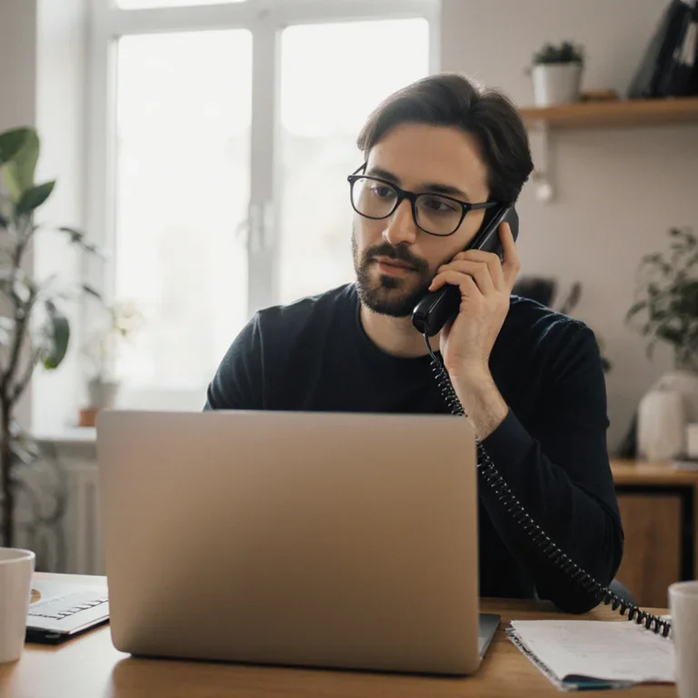 Freelancer on a phone call following up on an unpaid invoice while sitting at a home office desk