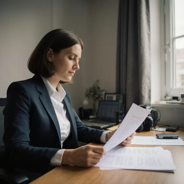 Small business owner reviewing legal documents and contracts at a desk to recover unpaid debt