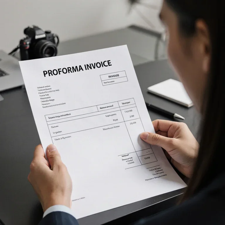 Close-up of a proforma invoice being reviewed by a business professional, showing it as a preliminary estimate.