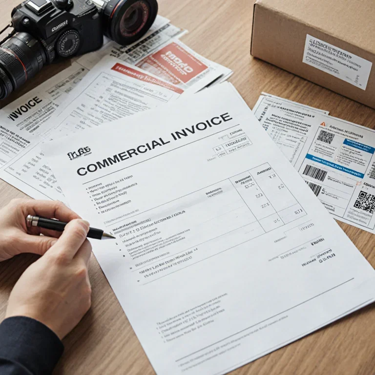 A commercial invoice document with shipping labels and customs forms, emphasizing its role in international trade.
