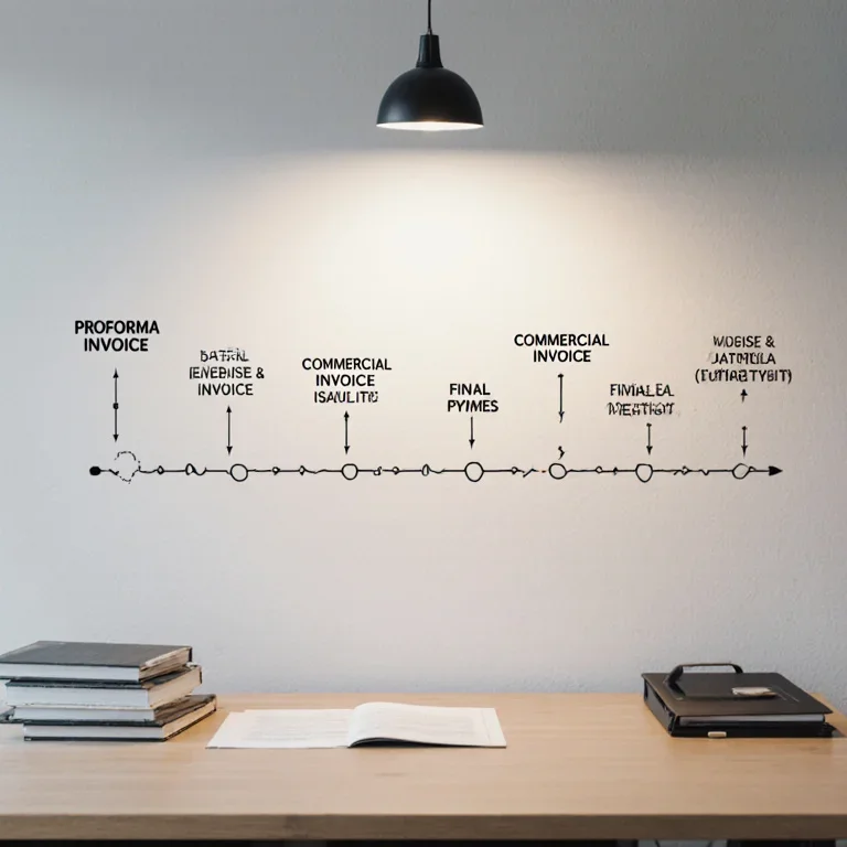 Infographic showing the chronological flow from proforma invoice to commercial invoice and payment.