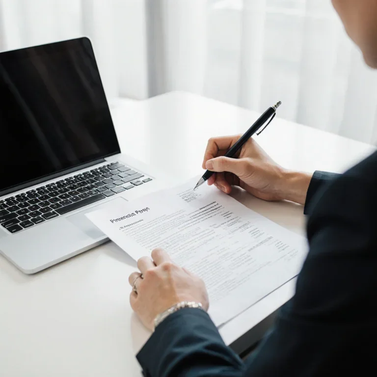 Freelancer reviewing financial documents and an invoice on a notepad, ensuring all details are correct before sending to the client.