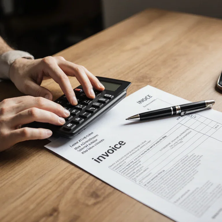 Close-up shot of a person's hands using a calculator next to a VAT invoice from a UK business, with a pen resting on the document.