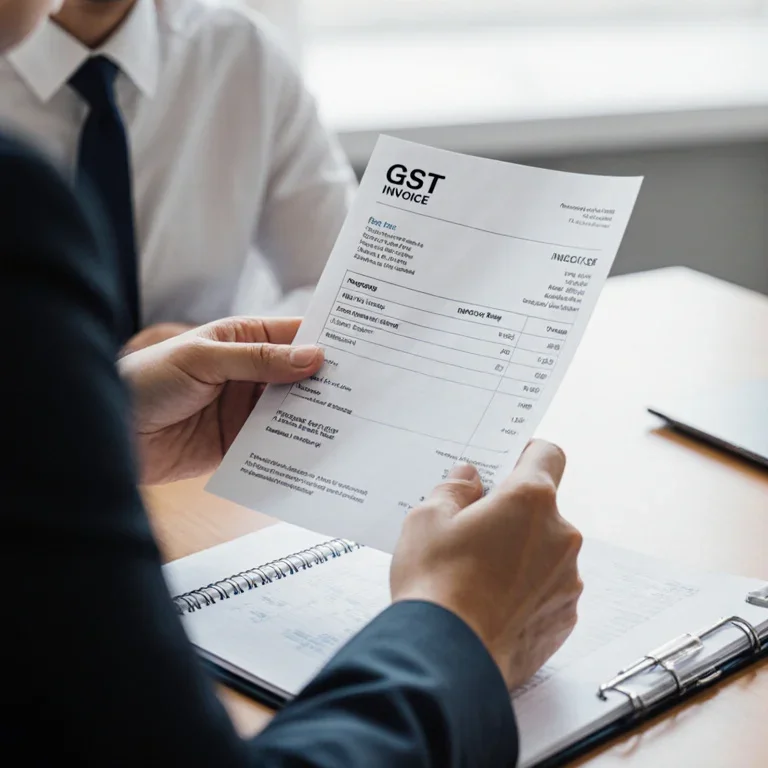 Accountant carefully double-checking the details on a GST tax invoice in a well-lit office environment, cross-referencing with a ledger.
