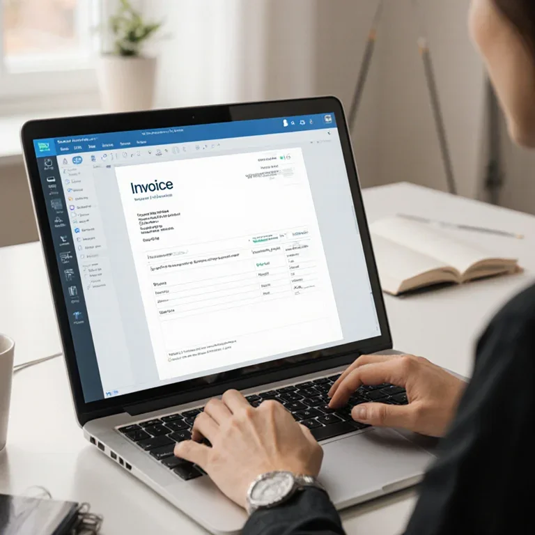 A freelancer working in a comfortable home office, sending a digital invoice to an international client from their laptop.