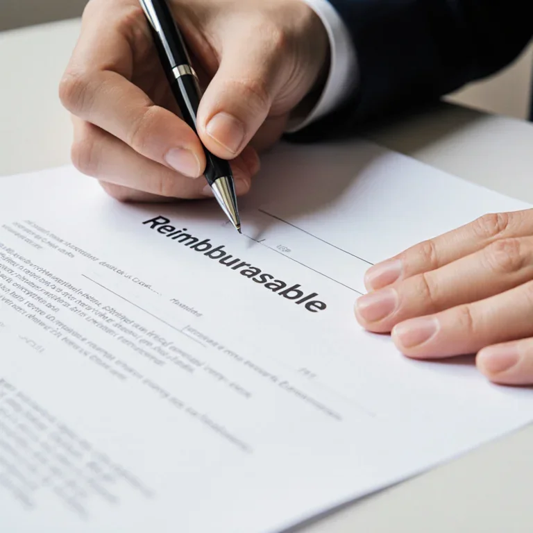 Close-up of a freelancer signing a contract with a visible 'Reimbursable Expenses' clause.