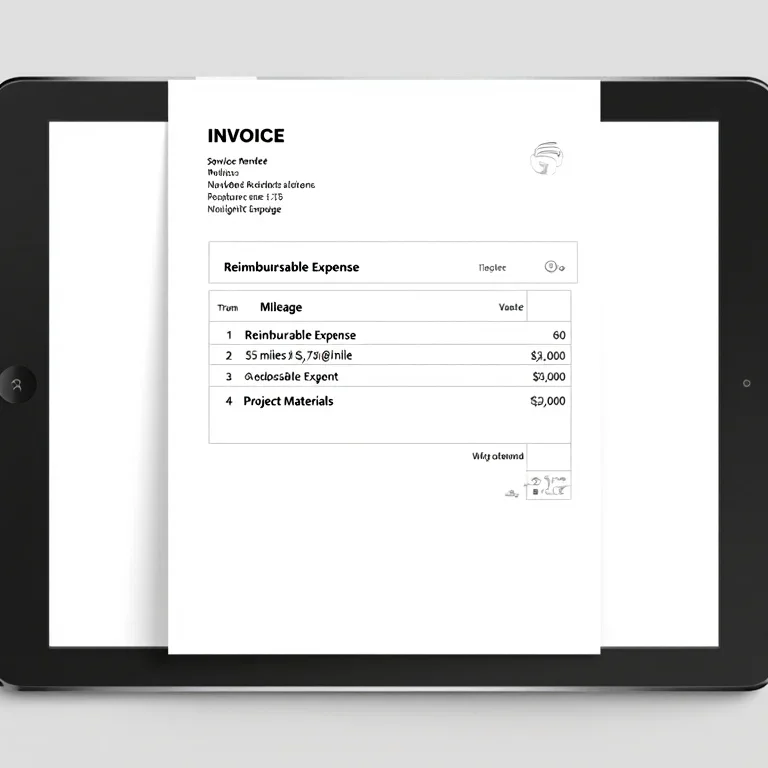 Example invoice on a tablet screen showing line items for billable mileage and purchased materials.