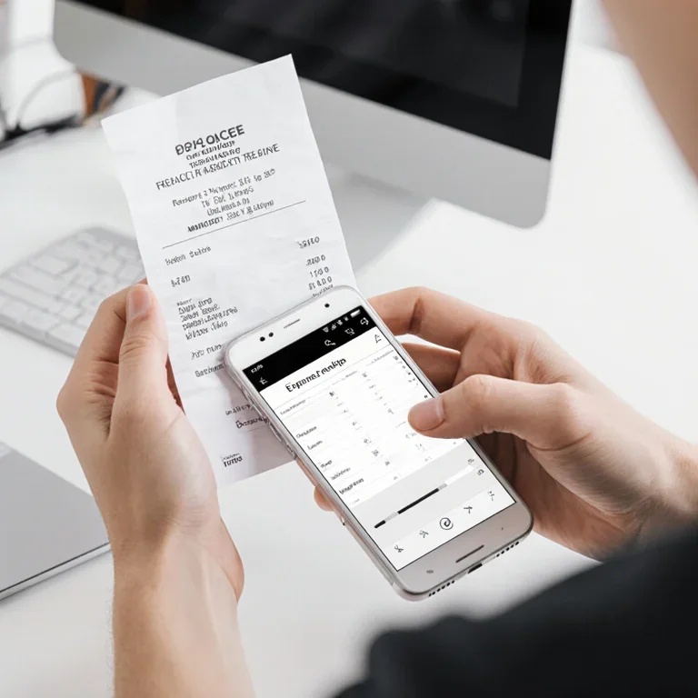 A person scanning a receipt with their smartphone into an expense tracking app for easy invoicing.